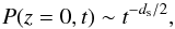 \begin{equation} \label{eq:dims} P(z=0,t)\sim t^{-d_{\text s}/2}, \end{equation}