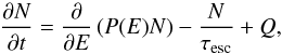\begin{equation} \frac{\partial N}{\partial t} = \frac{\partial}{\partial E}\left(P(E) N\right) - \frac{N}{\tau_{\rm esc}} + Q , \label{leaky} \end{equation}