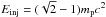 \hbox{$E_{\rm inj}= (\sqrt{2} -1) m_{\rm p} c^2$}