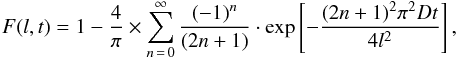 \begin{eqnarray} F(l,t) = 1 - \frac{4}{\pi} \times \sum_{n\, =\, 0}^{\infty}\frac{(-1)^{n}}{(2n + 1)} \cdot \exp \left[-\frac{(2n+1)^{2} \pi^{2} D t}{4 l^{2}}\right], \label{subida1b} \end{eqnarray}