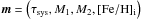 \hbox{$\vec{m} = \left(\tau_{\rm sys}, M_{1}, M_{2}, \mathrm{[Fe/H]}_{\mathrm{i}}\right)$}
