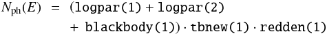 \begin{eqnarray} \label{eq-model} N_\mathrm{ph}(E)&\!\!\!=\!\!\!& \left( \mbox{\tt logpar(1)}+\mbox{\tt logpar(2)}\right.\nonumber \\ &&+\, \left.\mbox{\tt blackbody(1)}\right) \cdot \mbox{\tt tbnew(1)} \cdot \mbox{\tt redden(1)} \end{eqnarray}