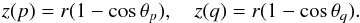 \begin{eqnarray} z(p) = r(1 - \cos\theta_p), \quad z(q) = r(1 - \cos\theta_q). \label{eq:4.2} \end{eqnarray}