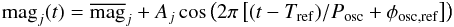 \appendix \setcounter{section}{3} \begin{equation} \mathrm{mag}_j(t) = \overline{\mathrm{mag}}_j + A_j \cos\left(2\pi\left[(t-T_{\mathrm{ref}})/P_{\mathrm{osc}}+\phi_{\mathrm{osc,ref}}\right] \right) \label{eq:cosine_fit} \end{equation}