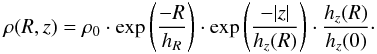 \begin{equation} \label{eq:Corredoira} \rho(R,z)=\rho_{\mathrm{0}}\cdot\exp{\Bigg(\frac{-R}{h_{R}}\Bigg)}\cdot \exp{\Bigg(\frac{-|z|}{h_{z}(R)}\Bigg)}\cdot \frac{h_{z}(R)}{h_{z}(0)} \cdot \end{equation}