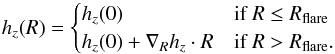 \begin{equation} \label{eq:Flares_linear} h_{z}(R) = \begin{cases} h_{z}(0) & \text{if } R \leq R_{\mathrm{flare}} \\ h_{z}(0) + \dhzdR \cdot R & \text{if } R > R_{\mathrm{flare}}. \end{cases} \end{equation}
