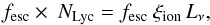 \begin{equation} \fesc \times\ \nlyc = \fesc\ \xi_{\rm ion} \, L_\nu, \label{eq_nlyc} \end{equation}