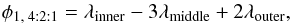 \begin{equation} \label{eq:phi1_421} \phi _{1, \; 4:2:1} = \lambda _{\rm inner} - 3\lambda _{\rm middle} + 2\lambda _{\rm outer} , \end{equation}