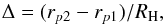 \begin{equation} \label{eq:Delta} \Delta = (r_{p2} - r_{p1})/R_{\rm H} , \end{equation}