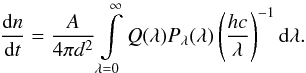 \begin{equation} \frac{{\rm d}n}{{\rm d}t}= \frac{A}{4\pi d^2} \int\limits_{\lambda=0}^\infty Q(\lambda)P_\lambda(\lambda)\left(\frac{hc}{\lambda}\right)^{-1}{\rm d}\lambda . \end{equation}