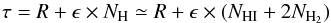 \begin{equation} \label{eq:h-ir-corr} \tau = R + \epsilon \times N_\mathrm{H} \simeq R + \epsilon \times (N_\mathrm{HI} + 2N_{\mathrm{H}_2}) \end{equation}