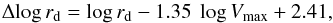 \begin{equation} \Delta\! \log \rd = \log \rd - 1.35 \ \log \vm + 2.41, \end{equation}