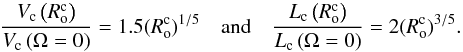 \begin{equation} \frac{V_{\rm c}\left(R_{\rm o}^{\rm c}\right)}{V_{\rm c}\left(\Omega=0\right)}=1.5(R_{\rm o}^{\rm c})^{1/5}\quad\hbox{and}\quad\frac{L_{\rm c}\left(R_{\rm o}^{\rm c}\right)}{L_{\rm c}\left(\Omega=0\right)}=2(R_{\rm o}^{\rm c})^{3/5}. \label{RR} \end{equation}