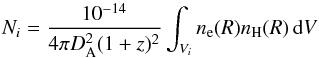 \begin{equation} \label{eq:norm} N_i = \frac{10^{-14}}{4\pi D_{\rm A}^2(1+z)^2}\int_{V_i} n_{\rm e}(R)n_{\rm H}(R)\,{\rm d}V \end{equation}