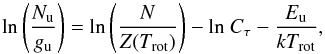 \begin{equation} \mathrm{ln} \left(\frac{N_\mathrm{u}}{g_\mathrm{u}}\right) = {\mathrm{ln}} \left(\frac{N}{Z(T_\mathrm{rot})}\right) - \mathrm{ln}\ C_{\tau} - \frac{E_\mathrm{u}}{kT_\mathrm{rot}} , \end{equation}