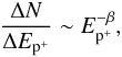 \begin{eqnarray} \label{cr_1eq} \frac{\Delta N}{\Delta E_{{\rm p}^+}} \sim E_{{\rm p}^+}^{- \beta}, \end{eqnarray}