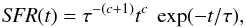 \begin{equation} \textit{SFR}(t)=\tau^{-(c+1)}t^{c}~\exp(-t/\tau), \end{equation}