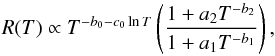 \appendix \setcounter{section}{2} \begin{equation} R(T) \propto T^{-b_0 -c_0 \ln T} \left( \frac{1+a_2 T^{-b_2}}{1+a_1 T^{-b_1}} \right), \end{equation}
