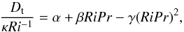 \begin{equation} \label{eq:emp} \frac{D_{\rm t}}{\kappa Ri^{-1}} = \alpha+\beta RiPr - \gamma(RiPr)^2, \end{equation}