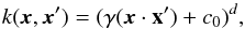 \begin{equation} k(\vec{x},\vec{x}')=(\gamma(\vec{x}\cdot{\bf x'})+c_0)^{d}, \label{eqpoly} \end{equation}