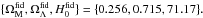 \hbox{$\{\Omega_{\rm M}^{\text{fid}},\Omega_{\Lambda}^{\text{fid}}, H_{0}^{\text{fid}}\}=\{0.256, 0.715, 71.17\}.$}