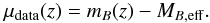 \begin{eqnarray} \mu_{\rm data}(z)=m_{B}(z)-M_{B,\rm eff}. \label{eqn:mu_data} \end{eqnarray}