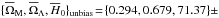 \hbox{$\{\overline\Omega_{\rm M},\overline \Omega_{\Lambda},\overline H_{0}\}_{\text{unbias}} \!=\!\{0.294,0.679,71.37\}\pm$}