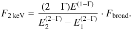 \begin{equation} F_\text{2 keV}=\frac{(2-\Gamma) E^{(1-\Gamma)}}{E_2^{(2-\Gamma)}-E_1^{(2-\Gamma)}}\cdot F_\text{broad}. \end{equation}