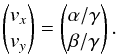 \appendix \setcounter{section}{1} \begin{eqnarray*} \begin{pmatrix} v_x \\ v_y \\ \end{pmatrix} = \begin{pmatrix} \alpha/\gamma\\ \beta/\gamma \end{pmatrix}. \end{eqnarray*}
