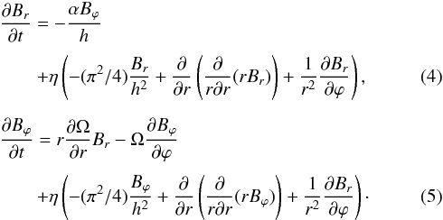 \begin{eqnarray} &&\frac{\partial B_{r}}{\partial t}=-\frac{\alpha B_{\varphi}}{h}\notag\\[1mm] \label{eq1} &&\qquad+\eta \left(-(\pi^2/4)\frac{B_{r}}{h^{2}}+\frac{\partial} {\partial r}\left(\frac{\partial}{r \partial r}(r B_{r})\right) +\frac{1}{r^{2}}\frac{\partial B_{r}}{\partial \varphi}\right),\\[2mm] &&\frac{\partial B_{\varphi}}{\partial t}= r\frac{\partial \Omega}{\partial r} B_{r}-\Omega \frac{\partial B_{\varphi}}{\partial \varphi} \notag\\[1mm] \label{eq2} &&\qquad+\eta \left(-(\pi^2/4)\frac{B_{\varphi}}{h^{2}}+\frac{\partial}{\partial r}\left(\frac{\partial}{r \partial r}(r B_{\varphi})\right) +\frac{1}{r^{2}}\frac{\partial B_{r}}{\partial \varphi}\right) \cdot \end{eqnarray}