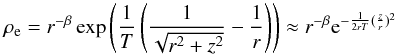 \begin{equation} \rho_{\rm e}=r^{-\beta} \exp \left({1 \over T} \left({1 \over \sqrt{r^2+z^2}} - {1 \over r} \right) \right) \approx r^{-\beta} {\rm e}^{ -{1\over 2rT} ({z \over r})^2 } \label{rho3D} \end{equation}