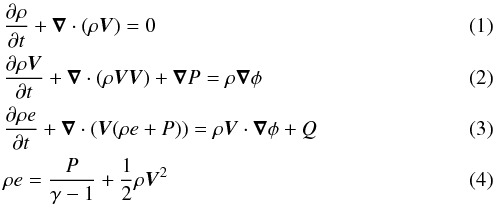 \begin{eqnarray} &&{ {\partial \rho} \over {\partial t} } + {\vec\nabla} \cdot (\rho {\vec V}) =0 \label{gov-eq1}\\ &&{ {\partial \rho {\vec V}} \over {\partial t} } +{\vec \nabla} \cdot (\rho {\vec V}{\vec V}) + {\vec \nabla} P = {\rho {\vec \nabla} \phi} \label{gov-eq2}\\ &&{ {\partial \rho e} \over {\partial t} } +{\vec\nabla} \cdot ({\vec V}(\rho e +P)) = \rho {\vec V} \cdot {\vec \nabla} \phi + Q \label{gov-eq3}\\ &&\rho e = {P\over{\gamma -1}} + {1\over 2}\rho {\vec V}^{2} \label{gov-eq4} \end{eqnarray}