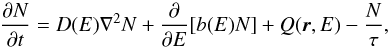 \begin{equation} \frac{\partial N}{\partial t} = D(E) \nabla^2 N +\frac{\partial}{\partial E}[b(E) N] + Q(\vec{r}, E) - \frac{N}{\tau}, \label{eq:3D} \end{equation}
