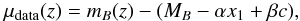 \begin{eqnarray} \mu_{\rm data}(z)=m_{B}(z)-(M_{B}-\alpha x_{1}+\beta c), \label{eqn:mu_data} \end{eqnarray}