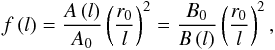 \begin{equation} \label{eq:expans_profile} f\left(l\right) = \frac{A\left(l\right)}{A_0} \left(\frac{r_0}{l}\right)^2 = \frac{B_0}{B\left(l\right)} \left(\frac{r_0}{l}\right)^2 , \end{equation}
