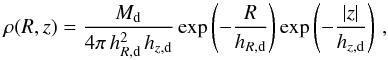 \begin{equation} \rho(R,z) = \frac{M_\mathrm{d}}{4\pi\,h_{R,\text{d}}^2\,h_{z,\text{d}}} \exp\left(-\frac{R}{h_{R,\text{d}}}\right) \exp\left(-\frac{|z|}{h_{z,\text{d}}}\right)\,, \end{equation}