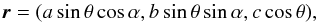 \appendix \setcounter{section}{2} \begin{equation} \vec{r} = (a\sin\theta \cos \alpha, b\sin\theta \sin \alpha, c\cos\theta), \label{eq: } \end{equation}