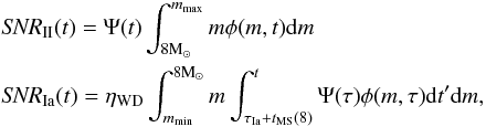 \begin{eqnarray} && \textit{SNR}_{\text{II}}(t) = \Psi(t)\int_{8 \text{M}_{\odot}}^{m_{\text{max}}} m\phi(m,t)\mathrm{d}m \nonumber\\ && \textit{SNR}_{\text{Ia}}(t) = \eta_{\text{WD}} \int_{m_{\text{min}}}^{8 \text{M}_{\odot}} m \int_{\tau_{\text{Ia}}+t_{\text{MS}}(8)}^t \Psi(\tau) \phi(m,\tau) \mathrm{d}t' \mathrm{d}m, \label{eq:SNrate} \end{eqnarray}