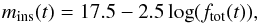 \begin{equation} \label{eq:inst_mag} m_{\mathrm{ins}}(t)=17.5-2.5\log(f_{\mathrm{tot}}(t)), \end{equation}