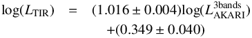 \begin{eqnarray} \mathrm{log}(L_{\mathrm{TIR}})&=&(1.016\pm0.004)\mathrm{log}(L_{\rm AKARI}^{\mathrm{3 bands}})\nonumber\\ &&\quad+(0.349\pm0.040) \end{eqnarray}