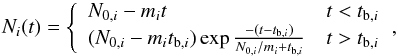 \begin{equation} N_i(t)=\left\{ \begin{array}{lc} N_{0,i} - m_i t & t<t_{{\rm b},i} \\ (N_{0,i} - m_i t_{{\rm b},i})\exp\frac{-(t-t_{{\rm b},i})}{N_{0,i}/m_i+t_{{\rm b},i}} & t>t_{{\rm b},i} \\ \end{array} \right.\!, \label{eqn:fitN} \end{equation}