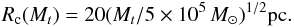 \begin{eqnarray} R_{\rm c}(M_t) = 20 (M_t/5\times 10^5\,M_\odot)^{1/2} \rm{pc}. \label{eq3711} \end{eqnarray}
