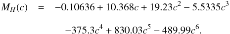 \begin{eqnarray} \label{mh} M_{ H}(c)&=& -0.10636+10.368c+19.23c^2-5.5335c^3 \\[3mm] &&\quad -375.3c^4+830.03c^5-489.99c^6.\nonumber \end{eqnarray}