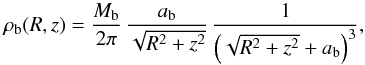 \begin{equation} \label{eq:rho_bulge} \rho_{\mathrm{b}}(R,z)=\frac{M_{\mathrm{b}}}{2\pi}\,\frac{a_{\mathrm{b}}}{\sqrt{R^{2}+z^{2}}}\,\frac{1}{\left(\sqrt{R^{2}+z^{2}}+a_{\mathrm{b}}\right)^{3}}, \end{equation}