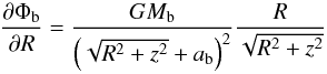 \appendix \setcounter{section}{2} \begin{equation} \label{eq:dPhib_dR} \frac{\partial\Phi_{\mathrm{b}}}{\partial R}=\frac{GM_{\mathrm{b}}}{\left(\sqrt{R^{2}+z^{2}}+a_{\mathrm{b}}\right)^{2}}\frac{R}{\sqrt{R^{2}+z^{2}}} \end{equation}