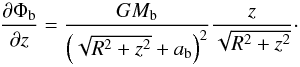 \appendix \setcounter{section}{2} \begin{equation} \label{eq:dPhib_dz} \frac{\partial\Phi_{\mathrm{b}}}{\partial z}=\frac{GM_{\mathrm{b}}}{\left(\sqrt{R^{2}+z^{2}}+a_{\mathrm{b}}\right)^{2}}\frac{z}{\sqrt{R^{2}+z^{2}}}\cdot \end{equation}