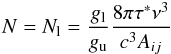 \begin{eqnarray*} N = N_{\rm l} = \frac{g_{\rm l}}{g_{\rm u}} \frac{8\pi \tau^* \nu^3}{c^3 A_{ij}} \end{eqnarray*}