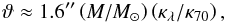 \begin{equation} \vartheta \approx 1.6{\arcsec} \left(M/M_{\sun}\right) \left(\kappa_{\lambda}/\kappa_{70}\right), \label{opaque.zone} \end{equation}