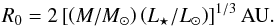 \begin{equation} R_{0} = 2 \left[\left(M/M_{\sun}\right) \left(L_{\star}/L_{\sun}\right)\right]^{1/3} {\rm AU}. \label{inner.boundary} \end{equation}