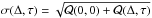 \hbox{$\sigma (\Delta,\tau)=\sqrt{\mathcal{Q}(0,0)+\mathcal{Q}(\Delta, \tau)}$}